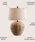 Natural Water Hyacinth Farmhouse Basket Table Lamp 24.5 Inch With Light Gray Linen Shade and LED bulb on beige background