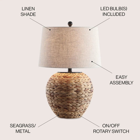 Natural Water Hyacinth Farmhouse Basket Table Lamp 24.5 Inch With Light Gray Linen Shade and LED bulb on beige background