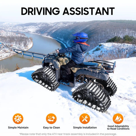 ATV with Heavy Duty 23.6 Inch Go Kart Beefed Up Buggy Quad Rear Axle Kit in snowy terrain, showcasing track assembly.
