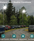 High Output LED Parking Lot Light 240W/200W/150W Adjustable illuminating a rainy outdoor parking lot, IP65 waterproof.