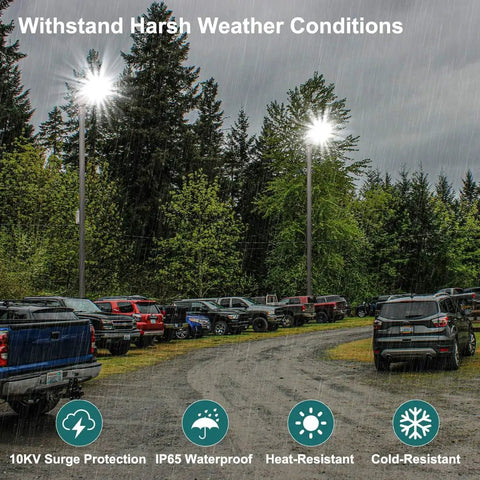 High Output LED Parking Lot Light 240W/200W/150W Adjustable illuminating a rainy outdoor parking lot, IP65 waterproof.