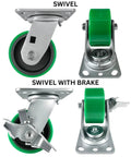 Heavy Duty 4 Inch Caster Set With Polyurethane Cast Iron Wheels That Roll Like Butter And Leave Zero Scratches Includes Dual Swivel Brake Units for smooth rollouts.