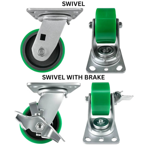 Heavy Duty 4 Inch Caster Set With Polyurethane Cast Iron Wheels That Roll Like Butter And Leave Zero Scratches Includes Dual Swivel Brake Units for smooth rollouts.
