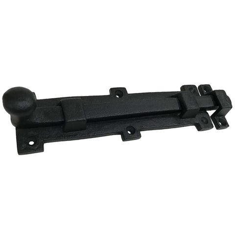 Vintage Black Wrought Iron 8 Inch Slide Door Bolt Latch For Barn Doors And Gates, with mounting screws visible, in rustic style.