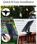 Ambience Pro Solar Powered Outdoor String Lights With Remote Control And Edison Bulbs, solar panel, remote, and hanging loop