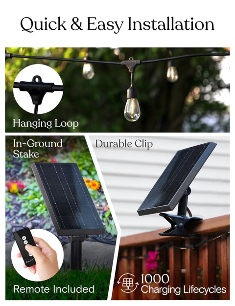 Ambience Pro Solar Powered Outdoor String Lights With Remote Control And Edison Bulbs, solar panel, remote, and hanging loop