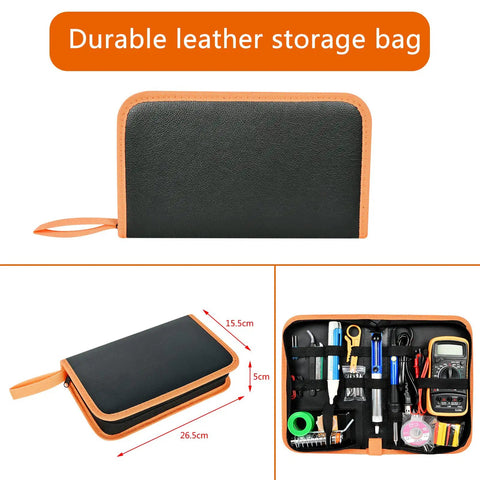 All In One Soldering Gear Kit With 60W Adjustable Temp And Digital Multimeter in a durable leather carry case