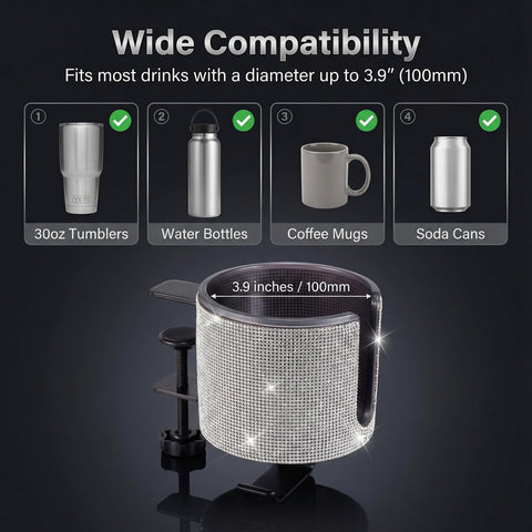 2 In 1 Desk Cup Holder And Headphone Hanger With Bling Bling Crystal Diamond Acrylic Design showing 3.9 inch compatibility.