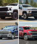Chevrolet Silverado 2500/3500 HD with red front tow hook cover, 2020-2026 model, shown on multiple trucks.