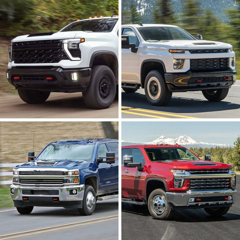Chevrolet Silverado 2500/3500 HD with red front tow hook cover, 2020-2026 model, shown on multiple trucks.