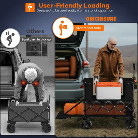 Man loading cooler into Double Deck Folding Wagon With 54 Inch Tailgate And 560 Lb Capacity, Heavy Duty All Terrain Beach Cart, Black