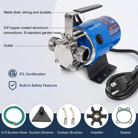 115V 1/10 HP Powerful Water Transfer Pump With Hose Kit, featuring metal shell, 330 GPH non-submersible design with ETL certification.