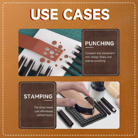 27 Piece Leather Punch Kit With 9 Round Punches And 18 Specialty Punches showing punching and stamping use cases