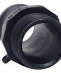 Close-up of black One And A Half Inch Marine Pumpout Adapter With NPT Threads For Holding Tanks, Polypropylene Camlock Coupling.