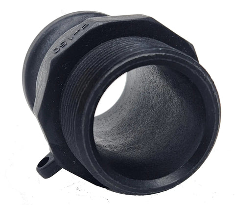 Close-up of black One And A Half Inch Marine Pumpout Adapter With NPT Threads For Holding Tanks, Polypropylene Camlock Coupling.