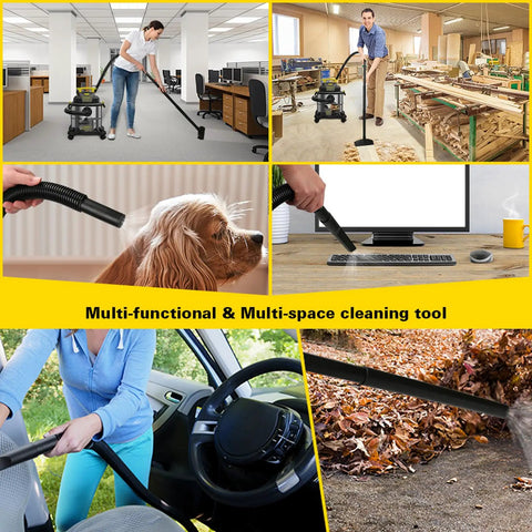 Collage showing versatile use of 12 Foot Dust Collection Vacuum Hose Kit With Five Fittings For Woodworking And Home Shop Use Flexible Dry Wet Vac Hose Attachments That Fit Most Power Tools Table Saws Sanders Drills And Dust Collectors in various cleaning scenarios.