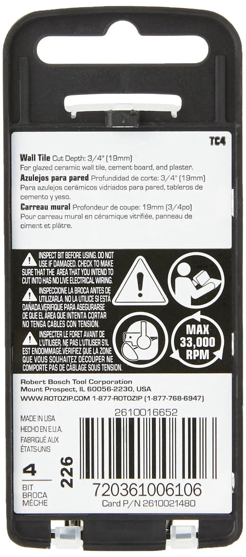 Back packaging of Hardcore 1/8-Inch Tile Cutting Carbide Zip Bits 4 Pack, details in multiple languages, RotoZip compatible
