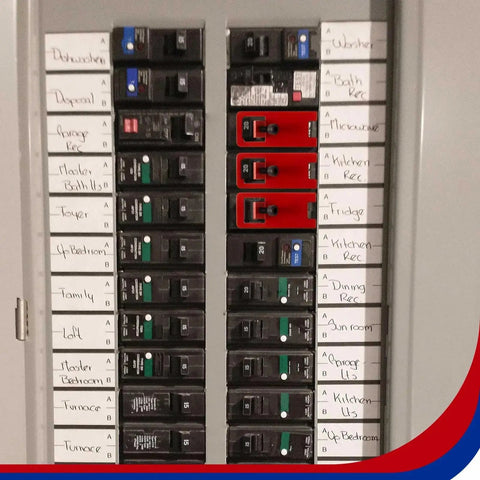 Electrical panel with 20 Pack Red Lockout Kit For Electrical Safety, Circuit Breaker Locks, and Fire Alarm Locks installed.