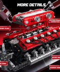 Mould King V12 Engine Model Kit That Runs With Battery And Gearshift, motorized car model showing engine components and labels