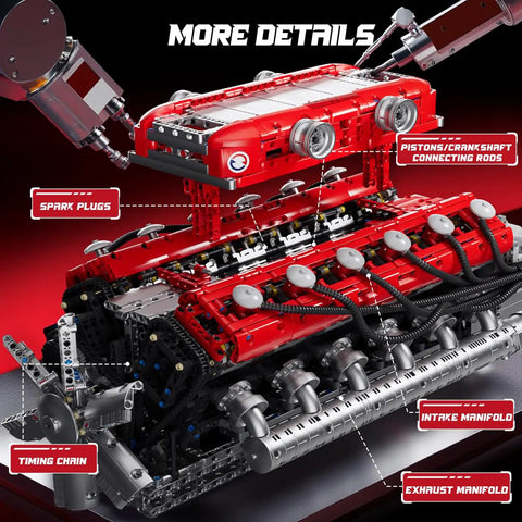 Mould King V12 Engine Model Kit That Runs With Battery And Gearshift, motorized car model showing engine components and labels