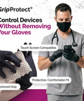 Tough As Nails Black Nitrile Gloves With Top Tier Chemical Resistance And Advanced Tear Protection For Law Enforcement Medical Labs And Industrial Settings Built Different Smooth Grip Technology, worn by a healthcare professional, touch screen compatible.