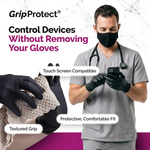 Tough As Nails Black Nitrile Gloves With Top Tier Chemical Resistance And Advanced Tear Protection For Law Enforcement Medical Labs And Industrial Settings Built Different Smooth Grip Technology, worn by a healthcare professional, touch screen compatible.