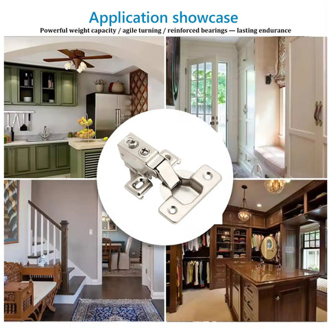 Two Pack Soft Close Cabinet Hinges For Face Frame Cabinets Half Inch Overlay Short Arm 95 Degree Opening Brushed Nickel Finish Includes Mounting Screws showcased in various home settings.