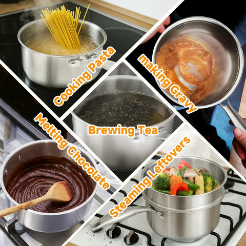 Tri Ply Stainless Steel Sauce Pan With Steamer Basket 1.5 Quart Induction Ready Nonstick Pot cooking pasta and veggies