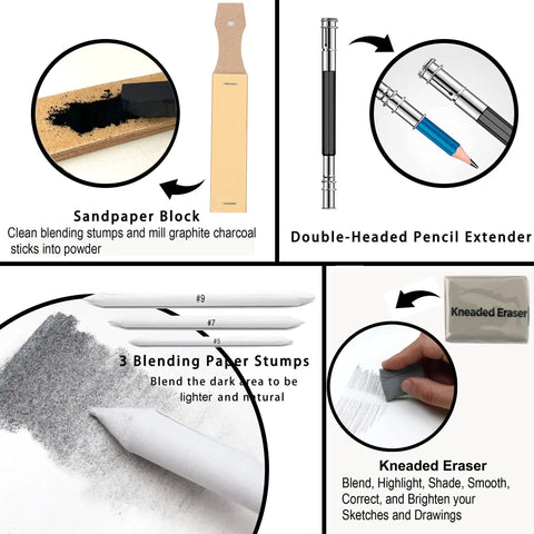 Pro Grade Sketching Pencils Set With Charcoal And Graphite Portable Zippered Case Includes 12 Graphite Pencils 5H To 8B 3 Charcoal Pencils Woodless Graphite Sharpener And Eraser Art Supplies For Beginners Teens And Adults includes sandpaper block, double-headed pencil extender, blending paper stumps, kneaded eraser