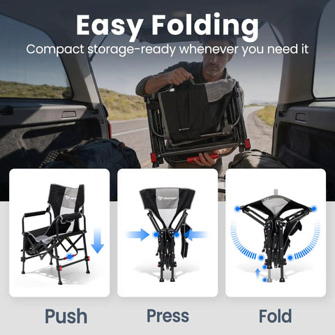 Man folding Foldable Camping Director Chair With Adjustable Height, Built Tough Oversized Seat, Side Table And Storage Pocket