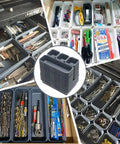42 Pack Tool Box Organizer With Interlocking Tray Dividers For Drawer, neatly organizing screws and tools in grey trays.