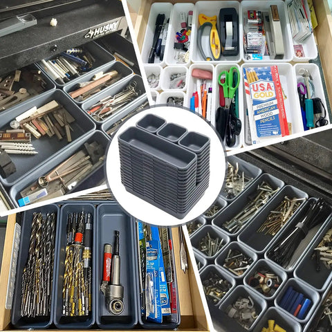 42 Pack Tool Box Organizer With Interlocking Tray Dividers For Drawer, neatly organizing screws and tools in grey trays.