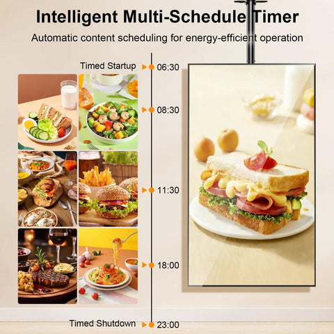 Smooth Operator Commercial Digital Signage Display With Killer 2000 Nits Brightness For Crisp Visuals And No Fuss Installation In Bustling Retail Outlets showing food scheduling images.