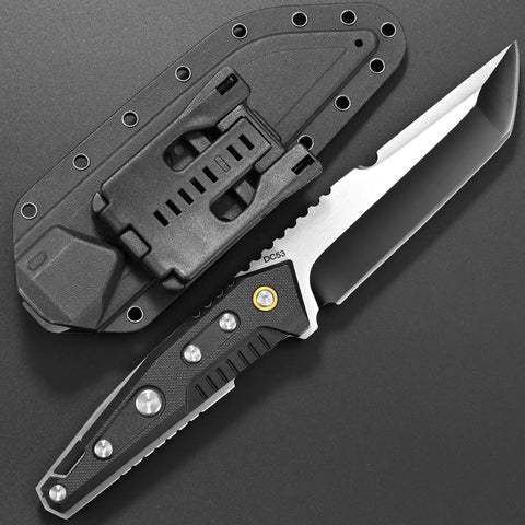 Durable Fixed Blade Knife With DC53 Steel Tanto Full Tang Nylon Fiberglass Handle Beefy EDC shown with black sheath