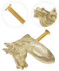 Real Deal Brass Animal Head Cabinet Knobs With Sweet Golden Finish durable drawer pull featuring horse design and screw.