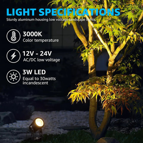All In One LED Low Voltage Landscape Lighting Kit With 12 Waterproof Garden Lights illuminating tree and pathway at night