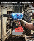 Heavy Duty Brushless Cordless Rivet Gun Compatible With Milwaukee M18 Batteries used to fasten metal sheets on a job site.