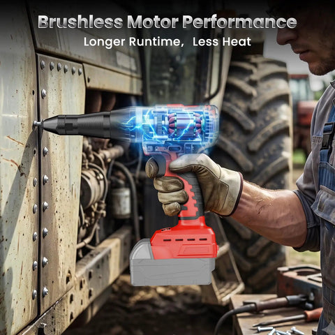 Heavy Duty Brushless Cordless Rivet Gun Compatible With Milwaukee M18 Batteries used to fasten metal sheets on a job site.