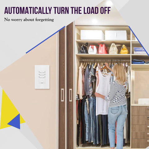 No Neutral Wire Countdown Timer Switch in bedroom, wall-mounted controlling lights, fans, heaters, 4-hour cycle, UL listed.