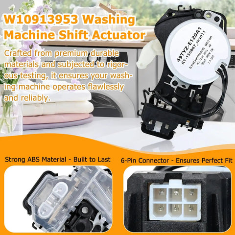 Washer Shift Actuator Kit With Pulley Clutch And Drive Belt For Maytag Kenmore Amana Whirlpool Crosley Washing Machines Replacement Part Set Easy Install Kit With Durable Components For Plug And Play Quick Fix And Smooth Quiet Washes Every Time; black shift actuator with 6-pin connector