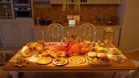 A cozy dining room illuminated by a Sunset Lamp Projector With RGB LED Lights, displaying a warm glow over a table set for a feast.