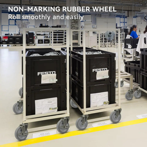 5 Inch Non Marking Rubber Caster Wheels With 3/8 Inch Bore Axle Heavy Duty Cart Rollers on a cart moving in a clean workspace.