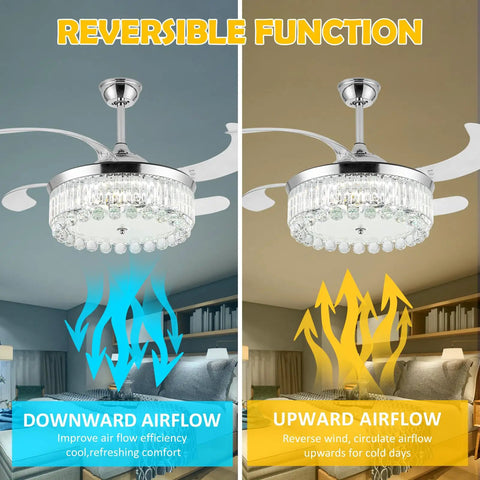 42 Inch Reversible Crystal Ceiling Fan With Lights And Remote Control showing downward and upward airflow modes.