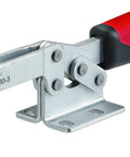 Pro Grade Horizontal Acting Toggle Clamp With Horizontal Base Size 2 Silver And Red Ergonomic Oil Resistant Handle With Large Grip For Quick Solid Clamping And Durable Stainless Hardware close-up on white