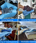 Heavy Duty Pro Grade Shop Towels Jumbo Roll With 475 Absorbent Blue Cloth Sheets used for cleaning in workshops.