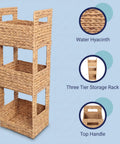 Gunter 35.5 Inch Coastal Handwoven Water Hyacinth 3 Tier Freestanding Storage Tower with metal frame and top handle