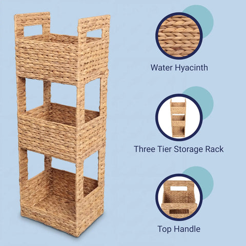 Gunter 35.5 Inch Coastal Handwoven Water Hyacinth 3 Tier Freestanding Storage Tower with metal frame and top handle