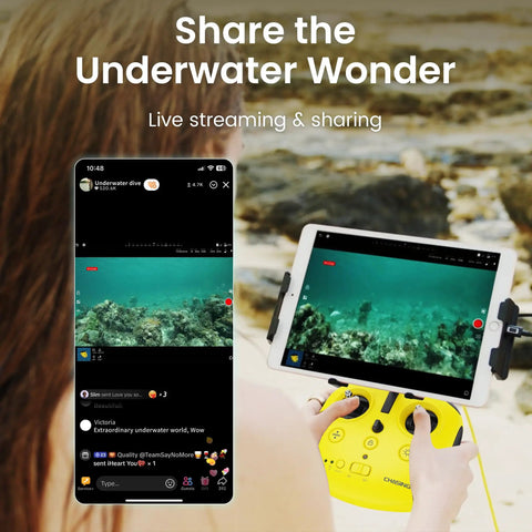 Live view of Underwater Drone With Pro Grade 4K Video And 12MP Photos on tablet, showcasing aquatic exploration.
