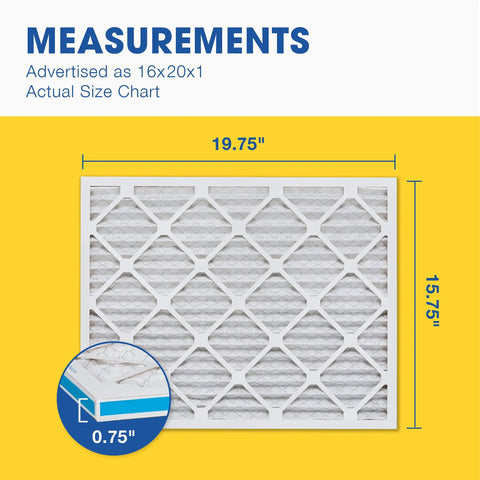 Heavy Duty 16x20x1 Air Filter MERV 13 6 Pack Actual Size 15.50 x 19.50 x 0.75 with measurements shown