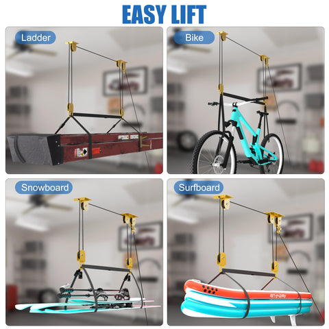 Ladder Storage Pulley Hoist Self Locking Hanger For Garage Ceiling Lift System Holds 100 Lb, Fits 10 To 18 Foot Ceilings